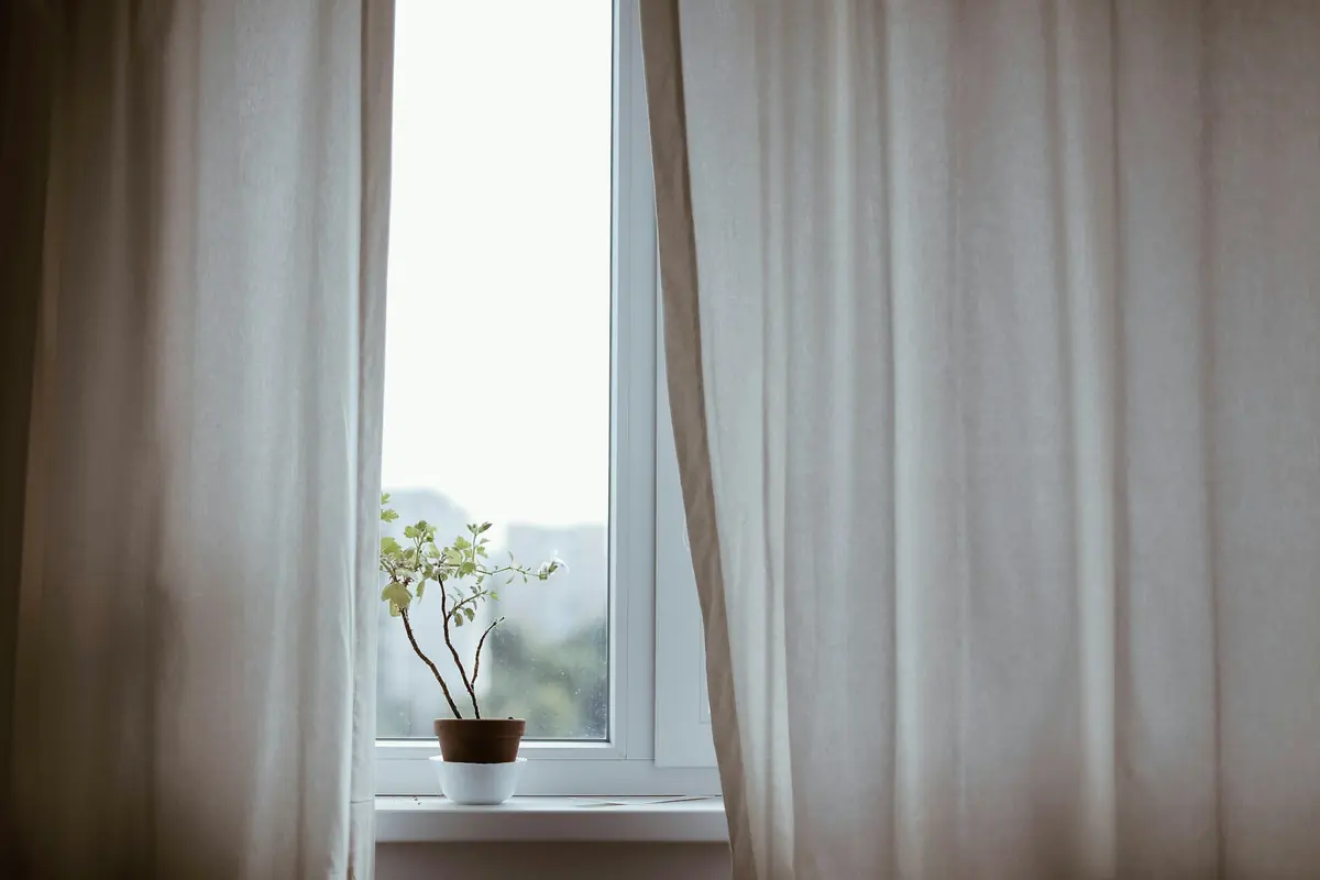 Witte gordijnen voor een raam met een plantje op de vensterbank